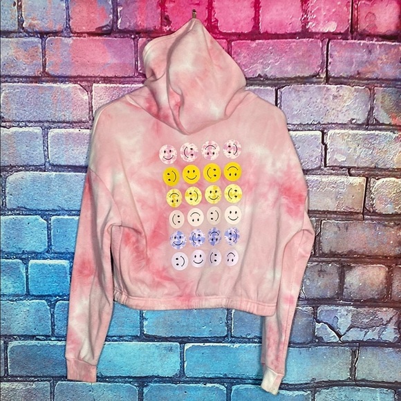 Faded Rose Pink Tie-Dye Large Hoodie with Good Vibes Print Smiley Face Cropped - Picture 4 of 9